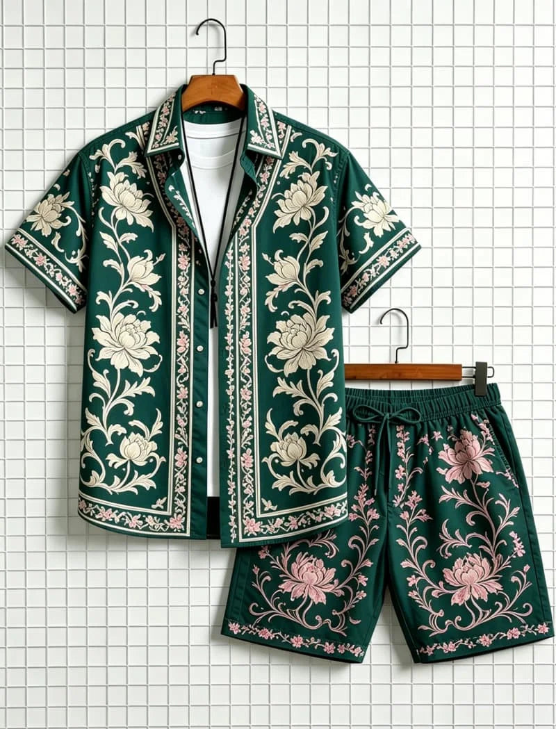Men's Ethnic Border Printed Short Sleeved Shirt And Shorts set, Fresh And Elegant style, For Daily Leisure And Outdoor Travel