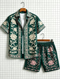Men's Ethnic Border Printed Short Sleeved Shirt And Shorts set, Fresh And Elegant style, For Daily Leisure And Outdoor Travel