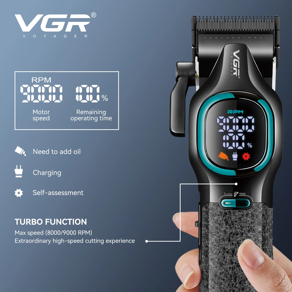 VGR high-end hair trimmer two-piece set metal body 9000 RPM hair clipper alloy blade head oil head carving push shear V-886 S2
