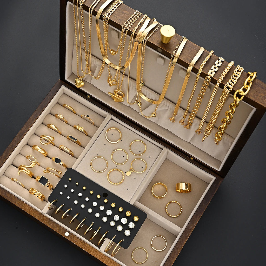 83pcs Retro Light Luxury Gold Color Jewelry Set for Women Rings Multi-Layered Necklaces Bangles Gifts (Jewelry Box Not Included)