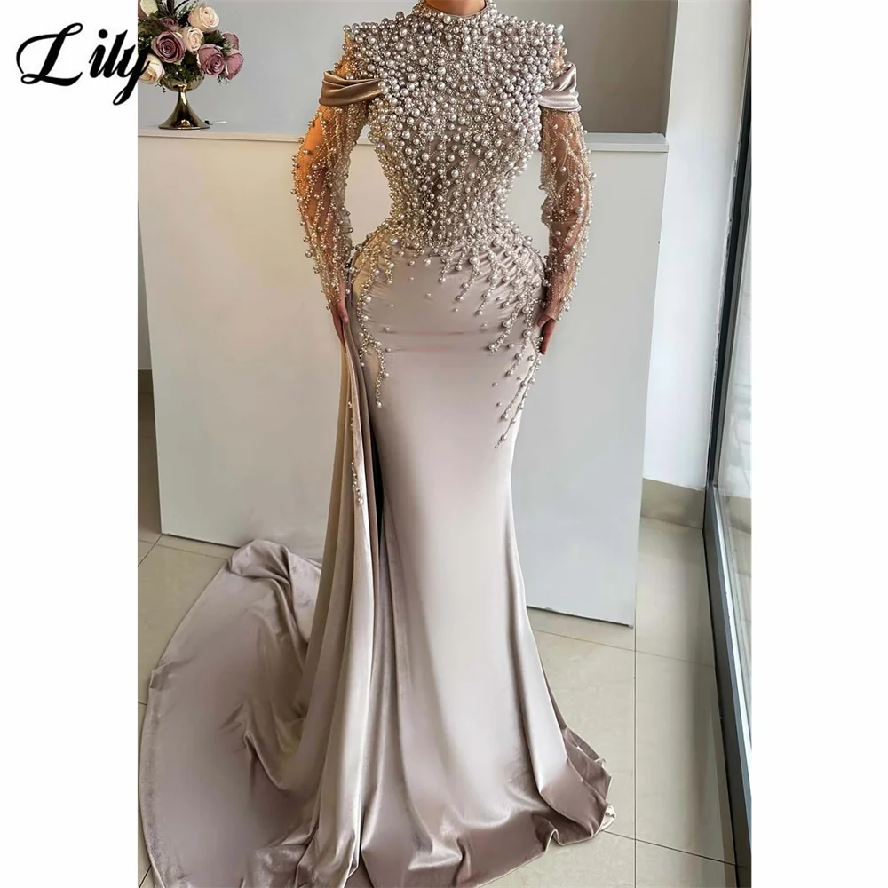 Lily Light Beige Satin فساتين السهرة High - Neckline Party Dresses Pearl - Embellished and Mesh - Sleeve Mermaid Cus