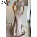 Lily Light Beige Satin فساتين السهرة High - Neckline Party Dresses Pearl - Embellished and Mesh - Sleeve Mermaid Cus