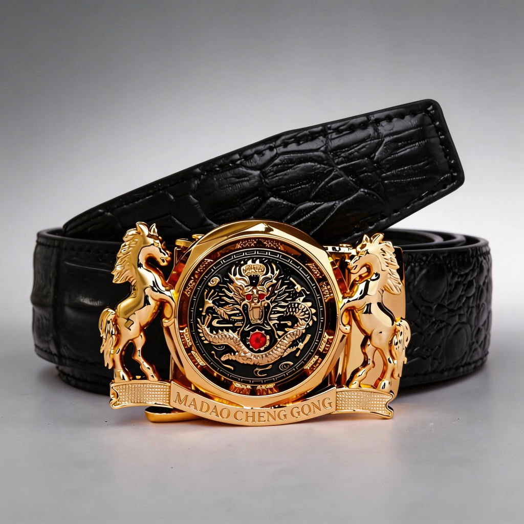 Luxury Dragon & Horse Automatic Buckle Belt - Gold Plated Crocodile Leather Waistband for Men