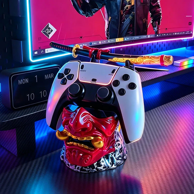 Cool Red Oni Mask Resin Game Controller Holder Samurai Sword Stand for PS5 Xbox Gaming Room Bedroom Desktop Tabletop Decoration
