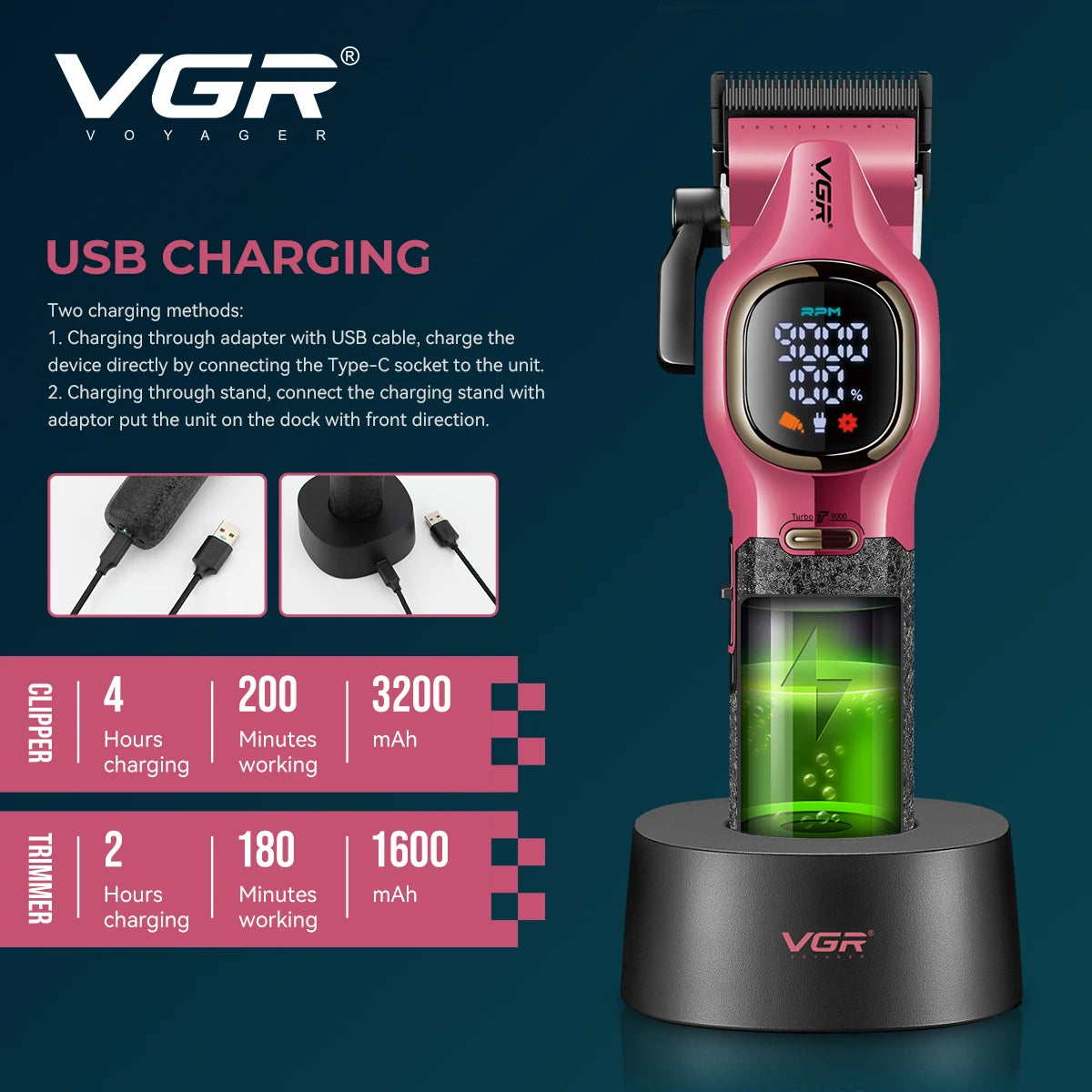 VGR high-end hair trimmer two-piece set metal body 9000 RPM hair clipper alloy blade head oil head carving push shear V-886 S2