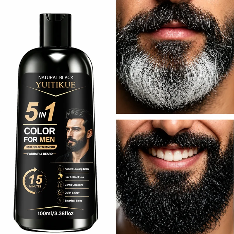 YUITIKUE 5 in 1 Mens Hair Color Shampoo Natural Black Ginseng Botanical Beard Gray Dye 100ml
