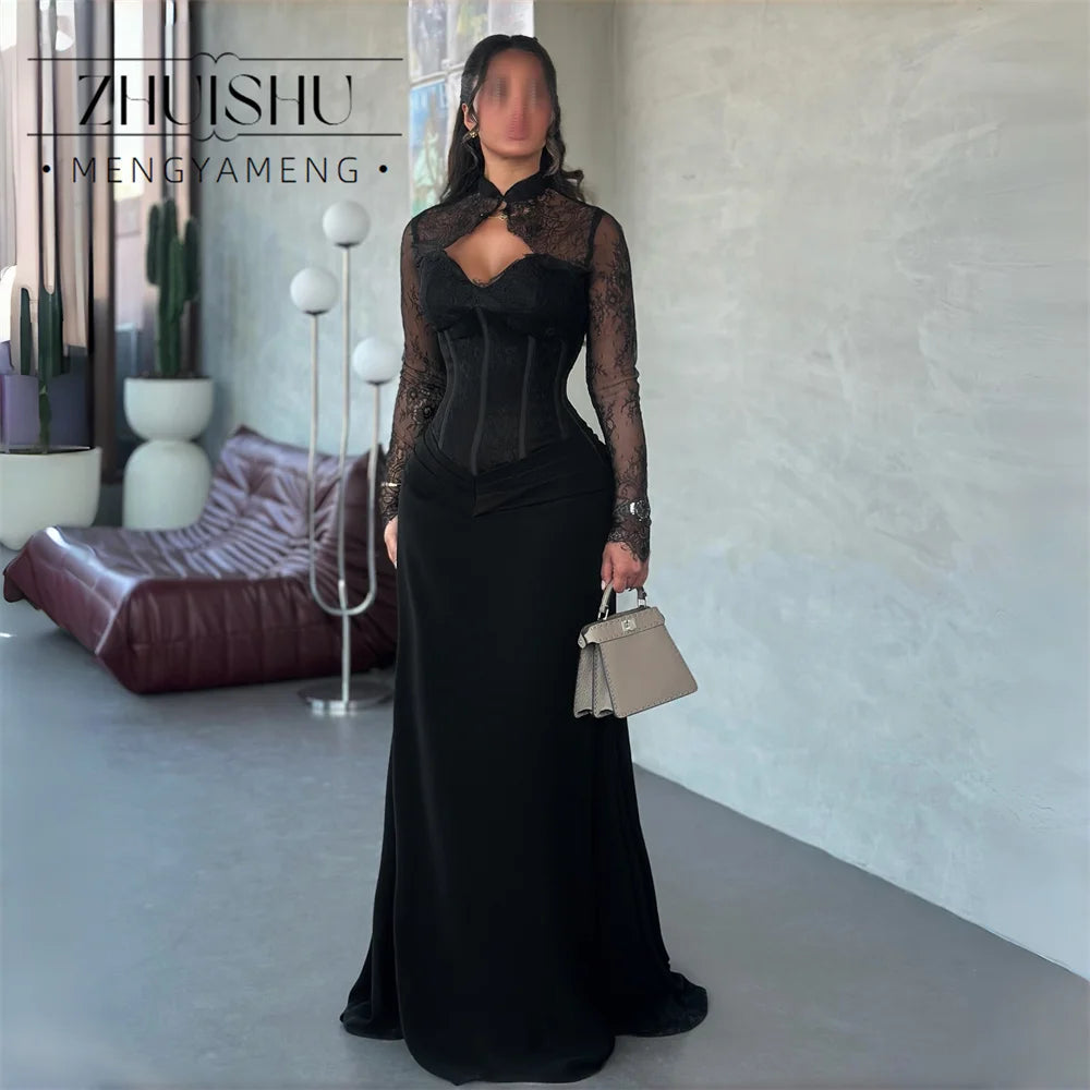 ZHUISHU Vintage Black Lace Mermaid Evening Dress 2026 Long Sleeves High Collar Pleat Prom Dress Formal Party Gowns Customized