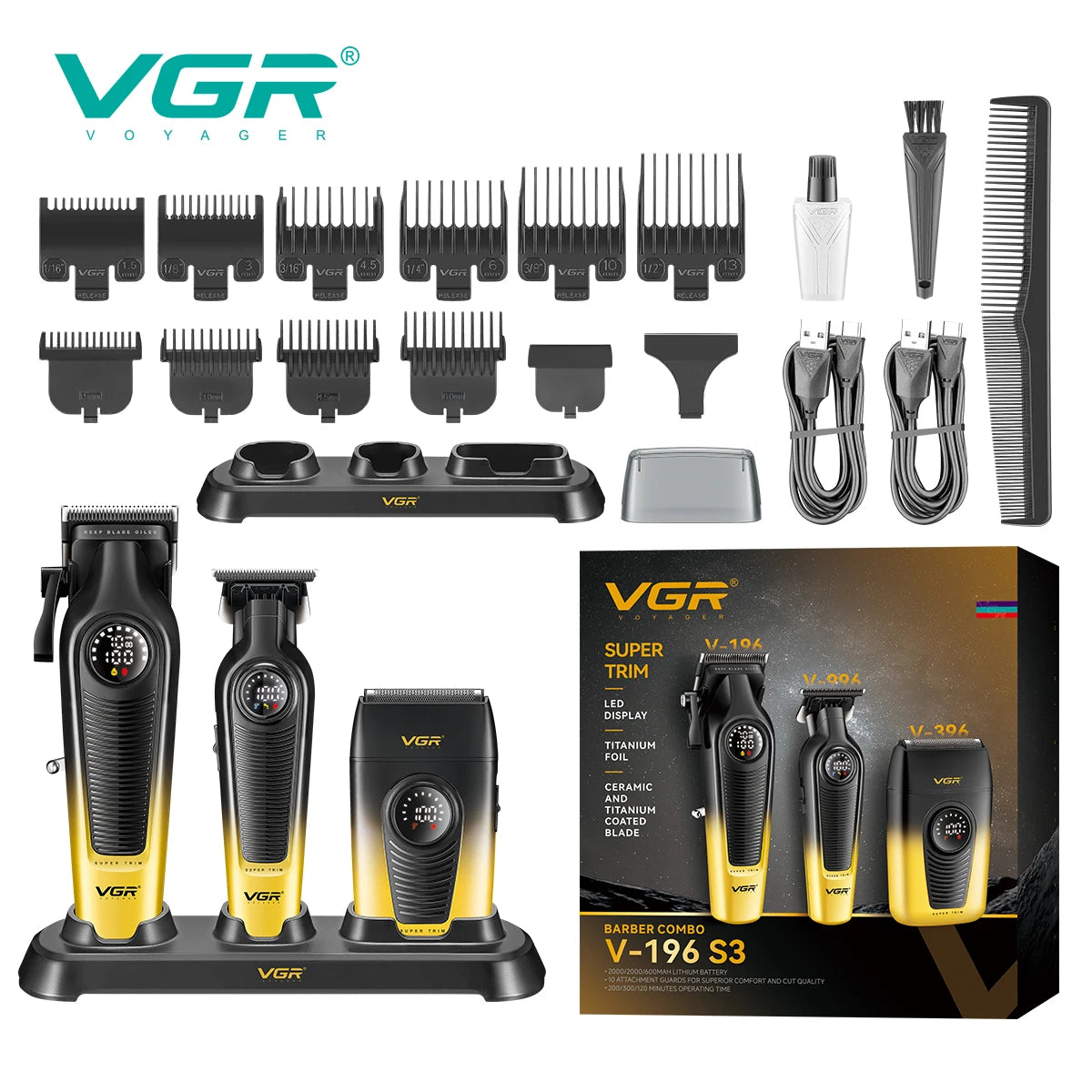 VGR Hair Trimmer Professional Clipper Cordless Barber Combo Electric Shaver Haircut Machine Cordless Trimmer for Men V-196 S3