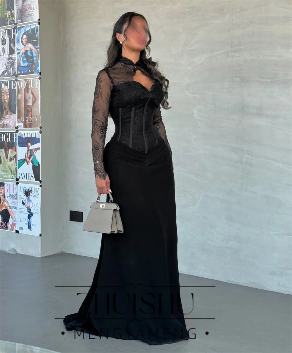 ZHUISHU Vintage Black Lace Mermaid Evening Dress 2026 Long Sleeves High Collar Pleat Prom Dress Formal Party Gowns Customized