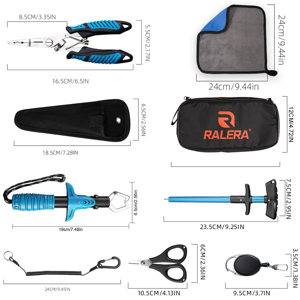 RALERA Complete Fishing Tool Set: Pliers, Fish Gripper, Hook Remover, Shears, Towel & Portable Carry Bag for All Anglers
