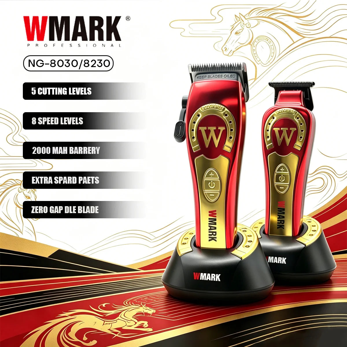 WMARK Hair Trimmer Professional Barber Clipper Cordless Hair Cutting Machine 9000 RPM Adjustable Trimmer for Men NG-8030 NG-8230