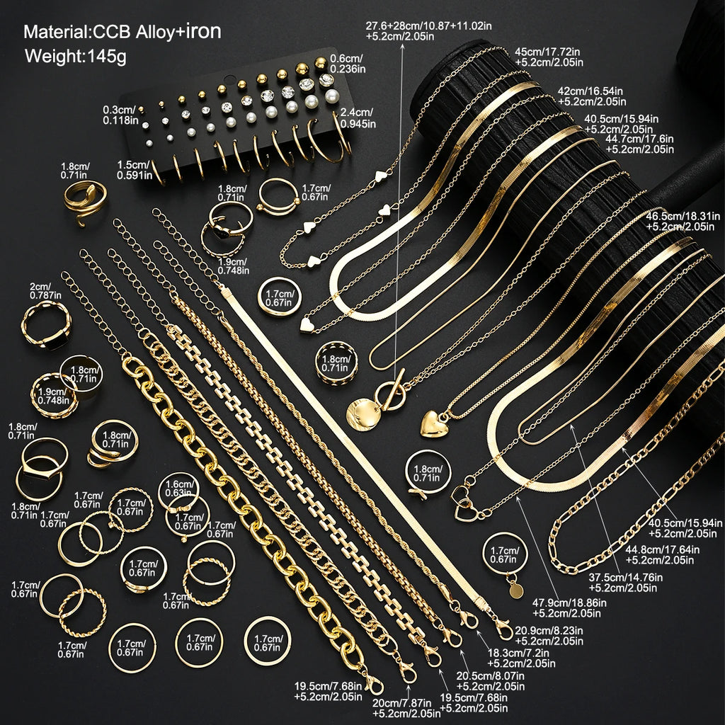 83pcs Retro Light Luxury Gold Color Jewelry Set for Women Rings Multi-Layered Necklaces Bangles Gifts (Jewelry Box Not Included)