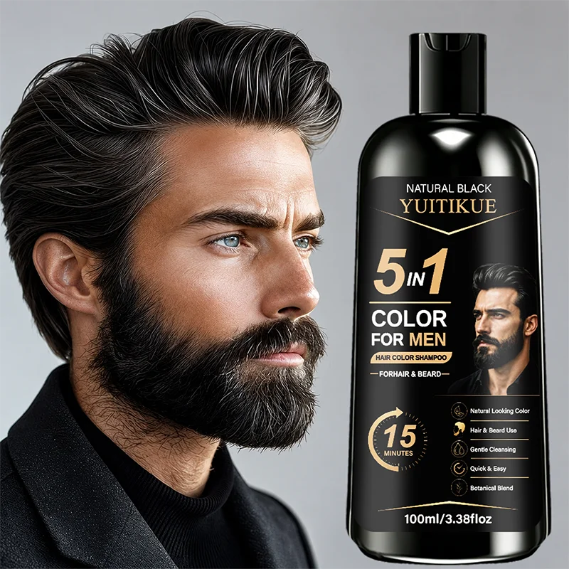 YUITIKUE 5 in 1 Mens Hair Color Shampoo Natural Black Ginseng Botanical Beard Gray Dye 100ml