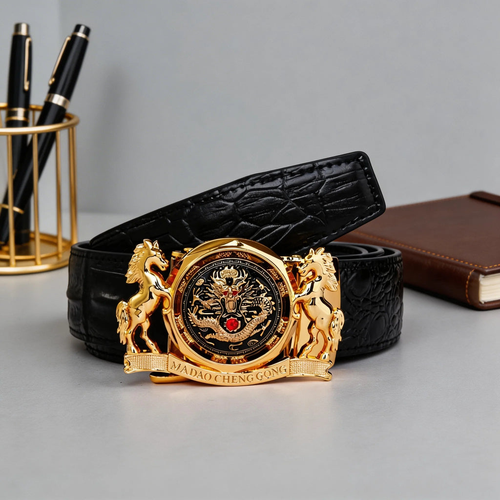 Luxury Dragon & Horse Automatic Buckle Belt - Gold Plated Crocodile Leather Waistband for Men