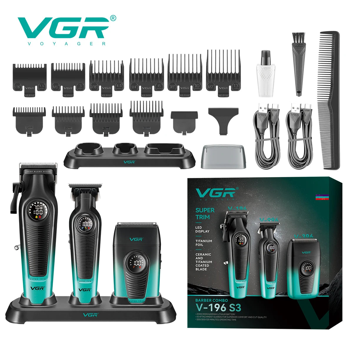 VGR Hair Trimmer Professional Clipper Cordless Barber Combo Electric Shaver Haircut Machine Cordless Trimmer for Men V-196 S3