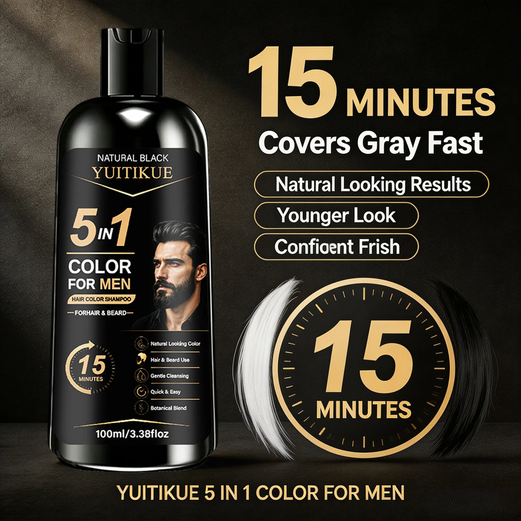YUITIKUE 5 in 1 Mens Hair Color Shampoo Natural Black Ginseng Botanical Beard Gray Dye 100ml