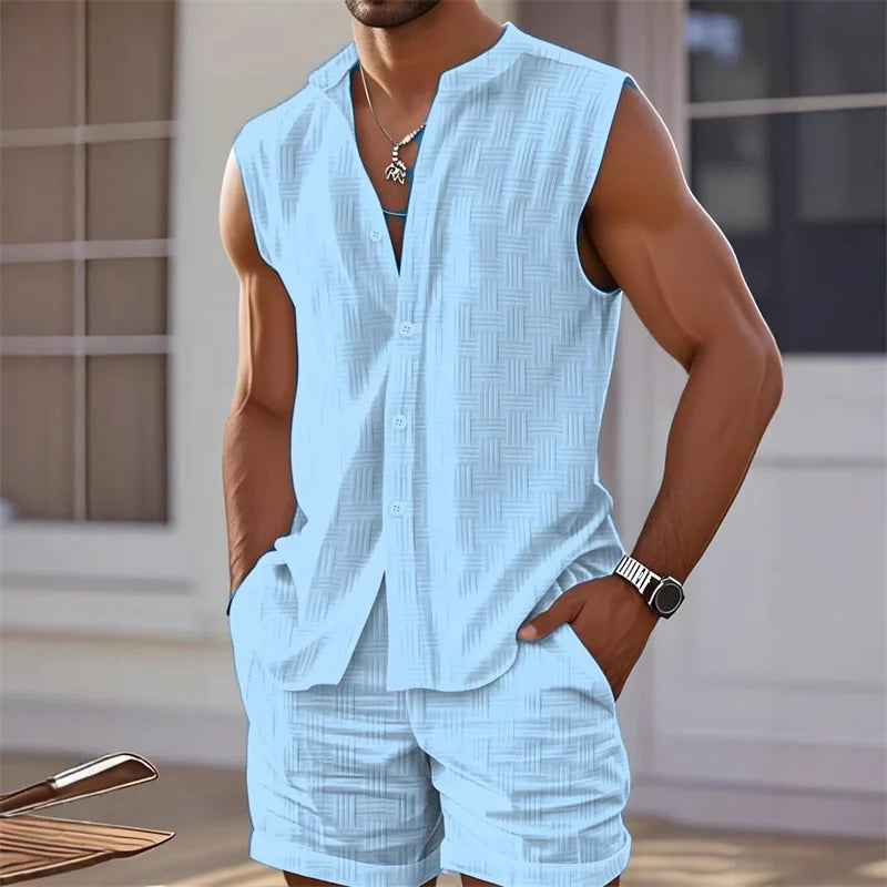 2025 New Men's Vest Shirt, Sleeveless Top and Shorts Plaid Two-Piece Set, Casual Trendy Sleeveless Shorts Hawaiian Beach Set