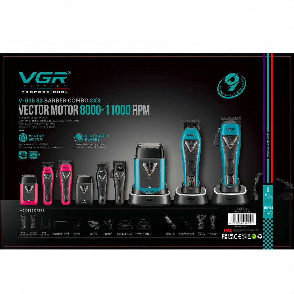 VGR Hair Clipper Professional Clippers 9000 RPM Hair Trimmers Vector Motor Hair Clippers Charging Base Clipper for Men 035 S3