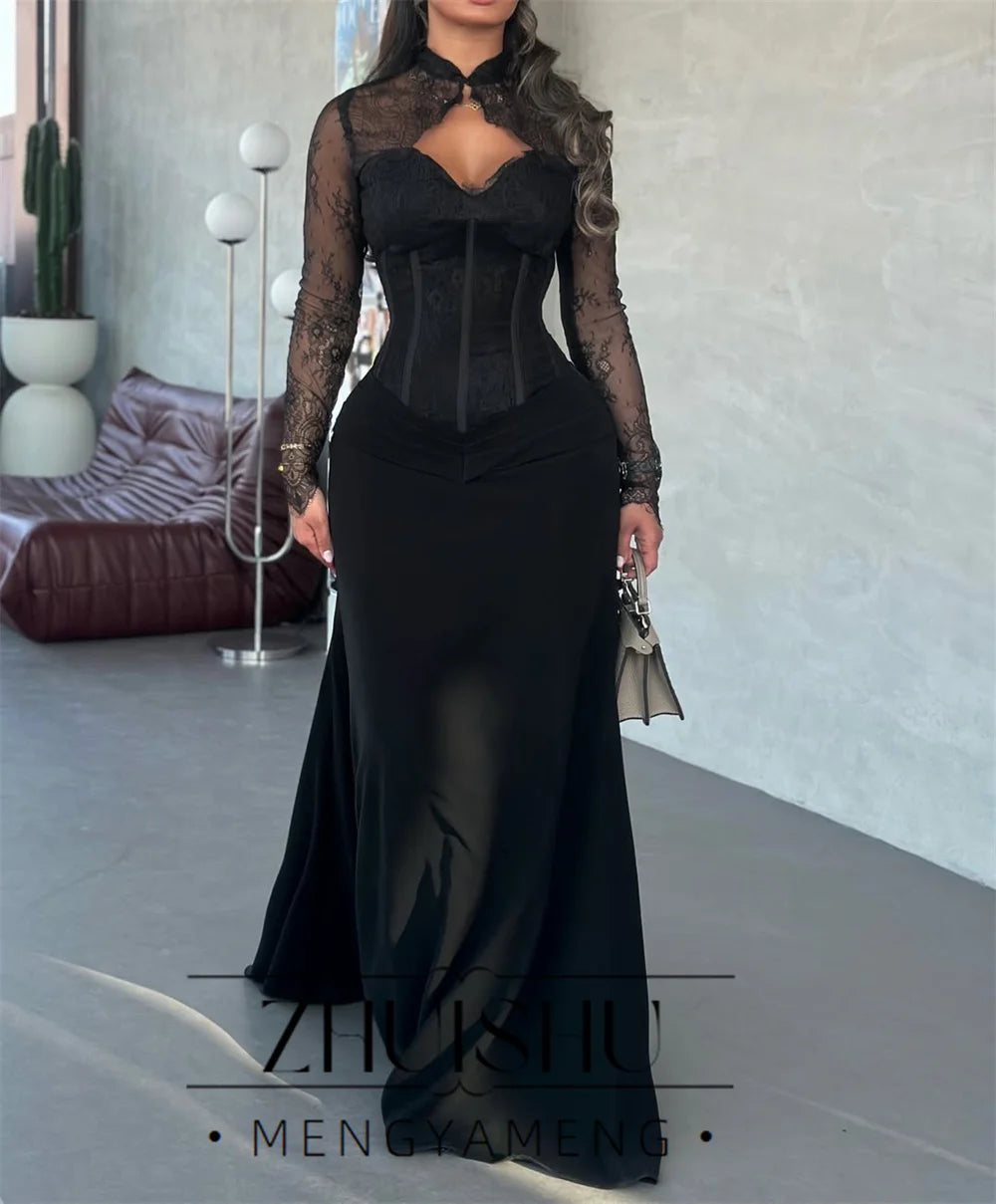 ZHUISHU Vintage Black Lace Mermaid Evening Dress 2026 Long Sleeves High Collar Pleat Prom Dress Formal Party Gowns Customized