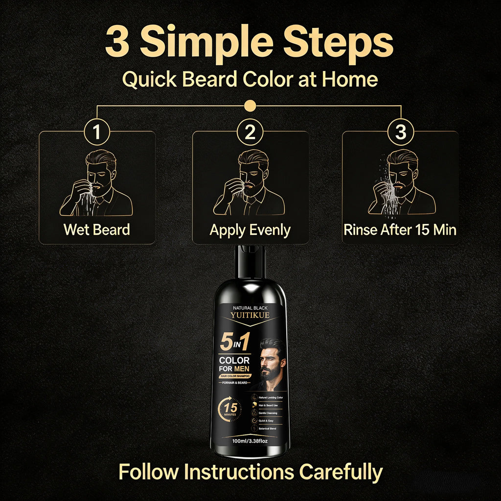YUITIKUE 5 in 1 Mens Hair Color Shampoo Natural Black Ginseng Botanical Beard Gray Dye 100ml