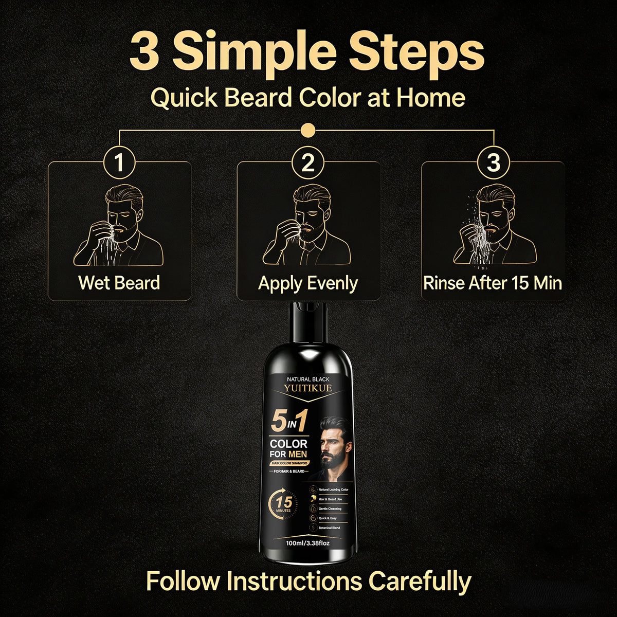 YUITIKUE 5 in 1 Mens Hair Color Shampoo Natural Black Ginseng Botanical Beard Gray Dye 100ml