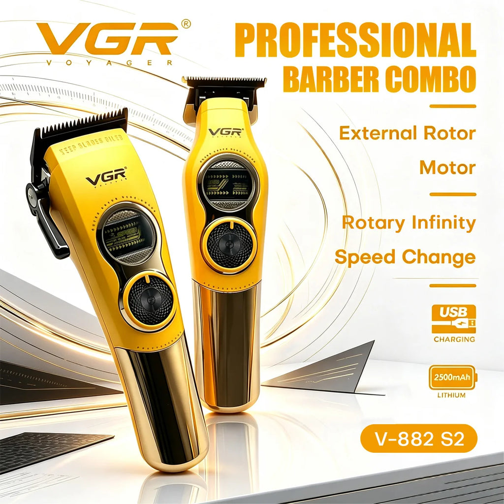 VGR Hair Trimmer Professional Barber Combo External Rotor Motor Hair Cut Machine Adjustable LED Display Trimmer for Men V-882 S2