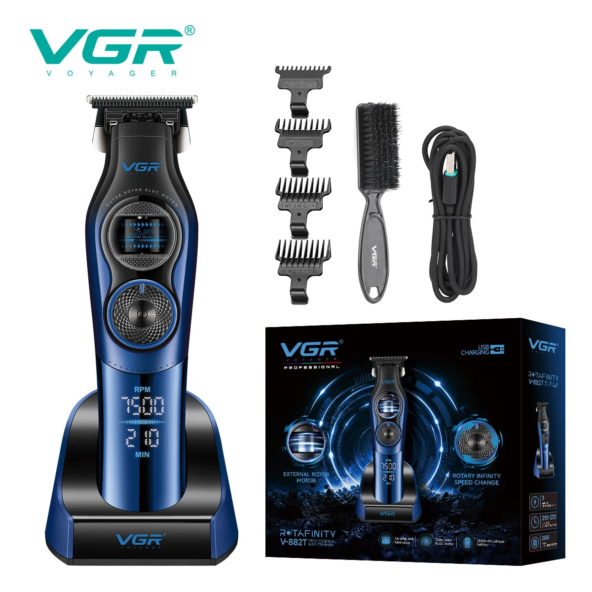 VGR Professional Hair Trimmer Rechargeable External Rotor Motor Hair Clipper DLC Blade Barber Comb Trimmer for man V-882 V-882S2