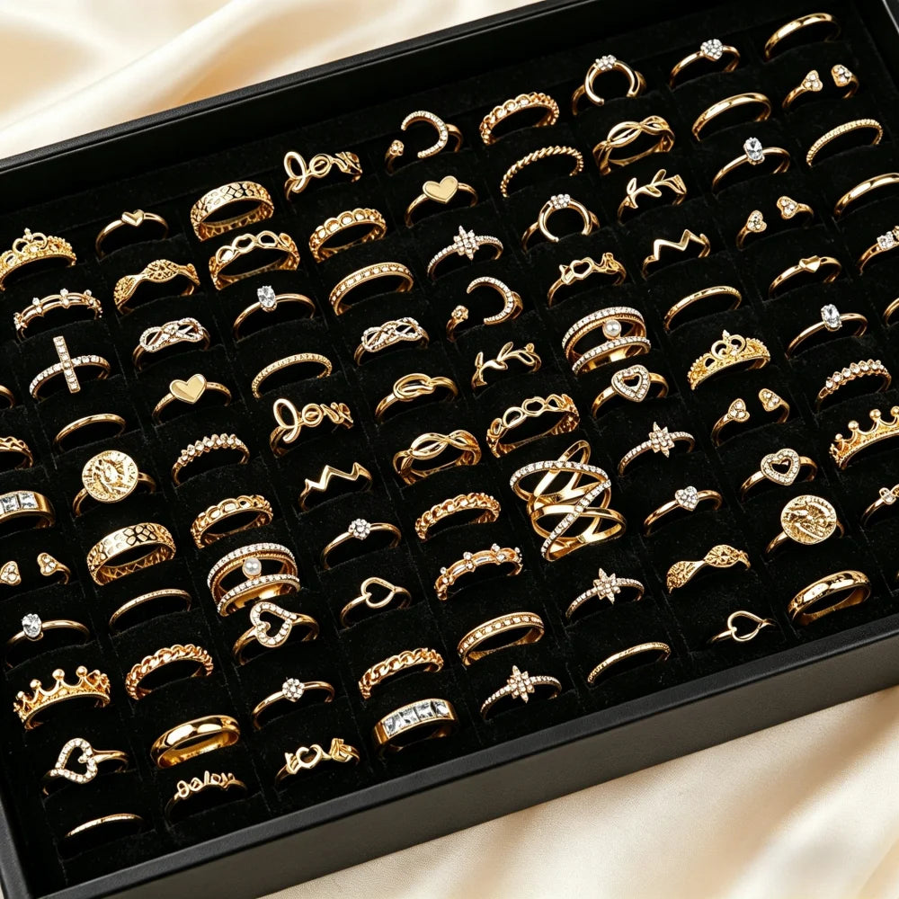 20/30/50Pcs/Lot Elegant Bohemia Heart Moon Rings Set For Women Mix Style Fashion Jewelry For Birthday Daily Wear Wholesale