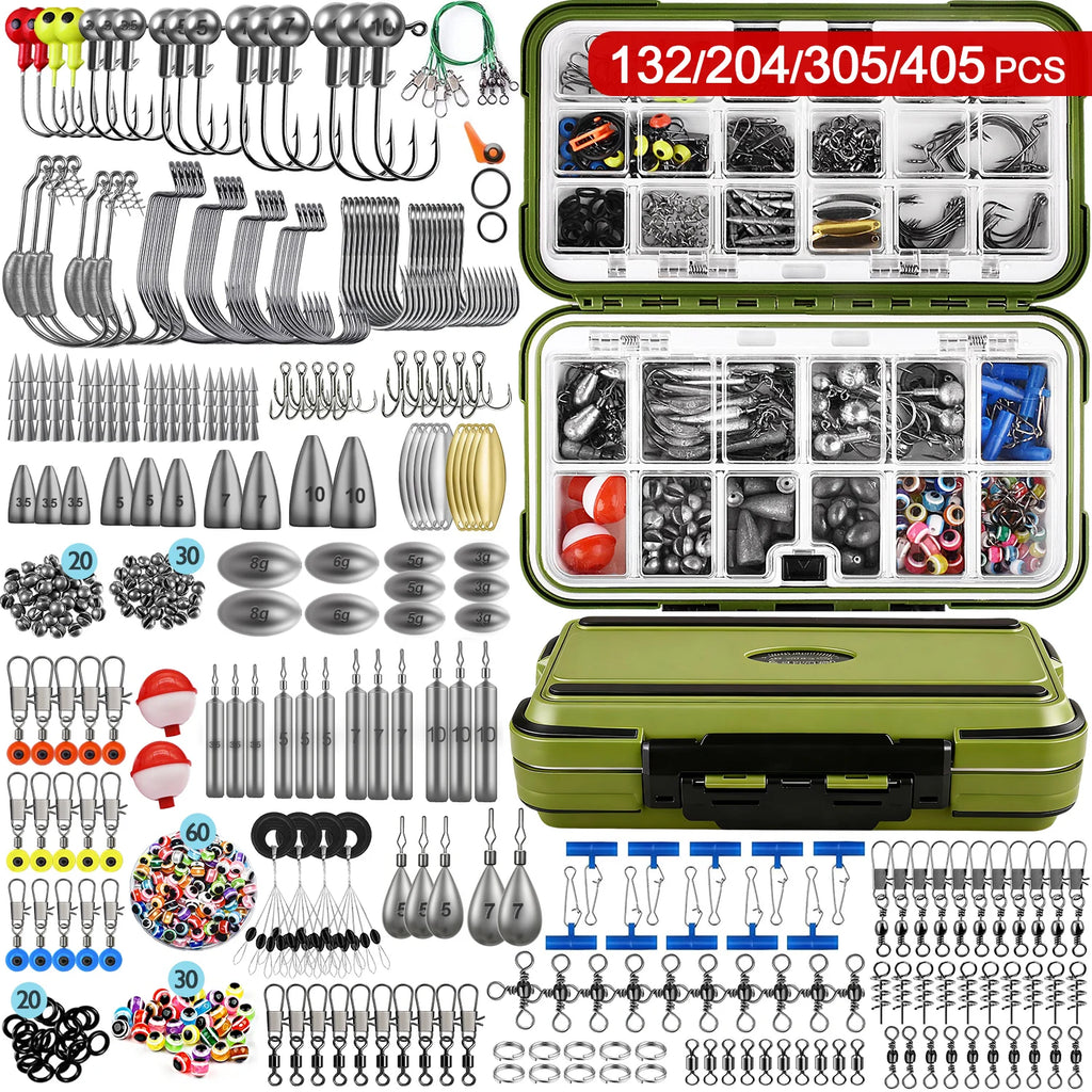 132/204/305/405Pcs Fishing Tackle Accessories Kit With Storage Box Assorted Fishing Hooks Sinkers Weights Swivels Beads Fishing