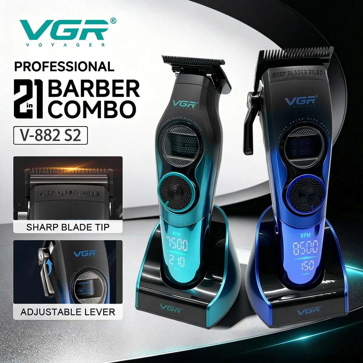 VGR Professional Hair Trimmer Rechargeable External Rotor Motor Hair Clipper DLC Blade Barber Comb Trimmer for man V-882 V-882S2
