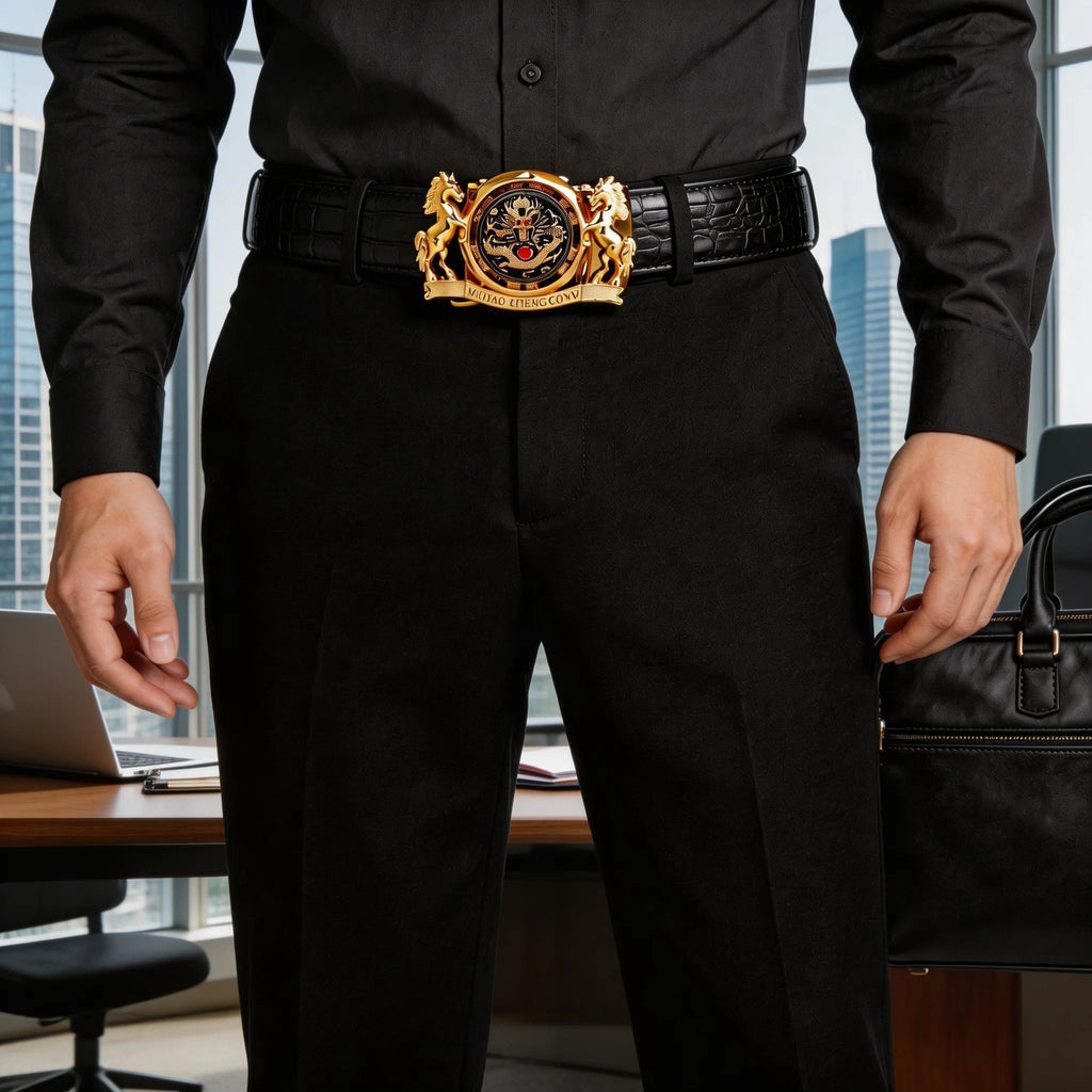 Luxury Dragon & Horse Automatic Buckle Belt - Gold Plated Crocodile Leather Waistband for Men