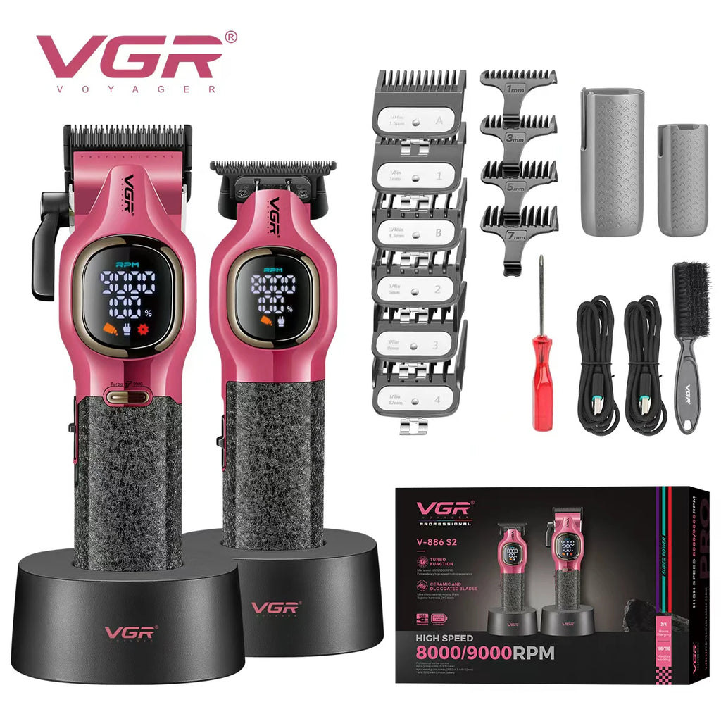 VGR high-end hair trimmer two-piece set metal body 9000 RPM hair clipper alloy blade head oil head carving push shear V-886 S2