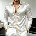 Men's Luxury Satin Silk Shirt Long Sleeve Gold Baroque Print Slim Fit Casual Business Party Dress Shirt Streetwear