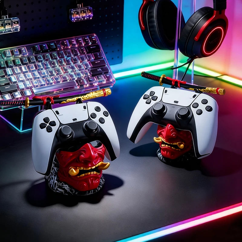 Cool Red Oni Mask Resin Game Controller Holder Samurai Sword Stand for PS5 Xbox Gaming Room Bedroom Desktop Tabletop Decoration