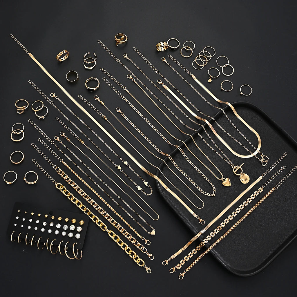 83pcs Retro Light Luxury Gold Color Jewelry Set for Women Rings Multi-Layered Necklaces Bangles Gifts (Jewelry Box Not Included)