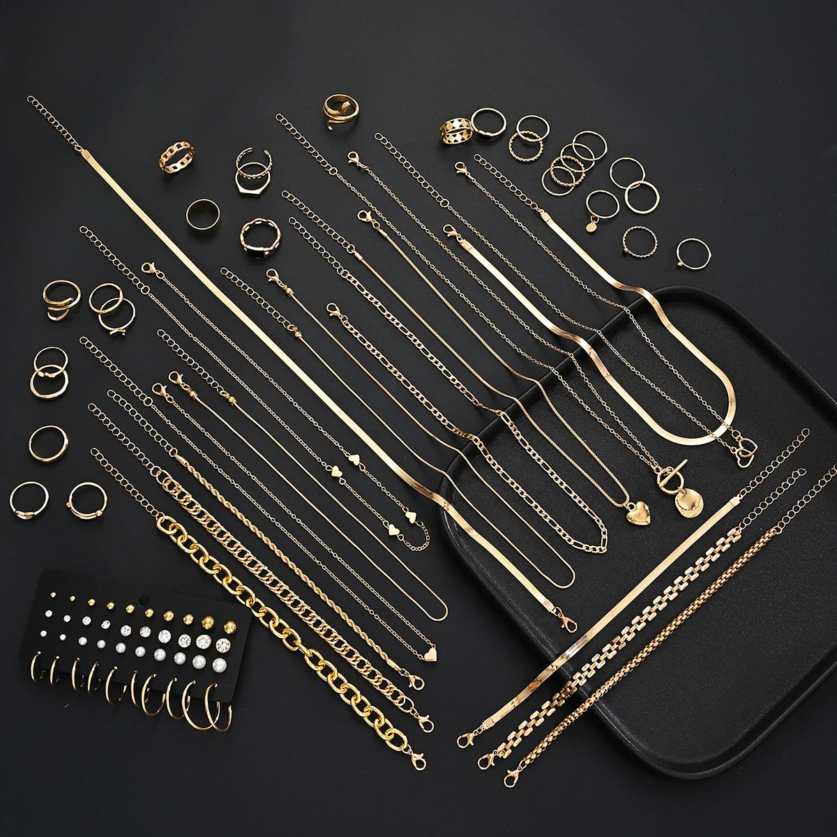 83pcs Retro Light Luxury Gold Color Jewelry Set for Women Rings Multi-Layered Necklaces Bangles Gifts (Jewelry Box Not Included)
