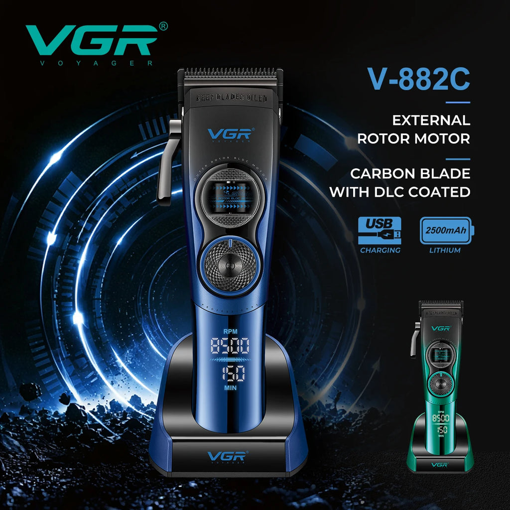 VGR Professional Hair Trimmer Rechargeable External Rotor Motor Hair Clipper DLC Blade Barber Comb Trimmer for man V-882 V-882S2