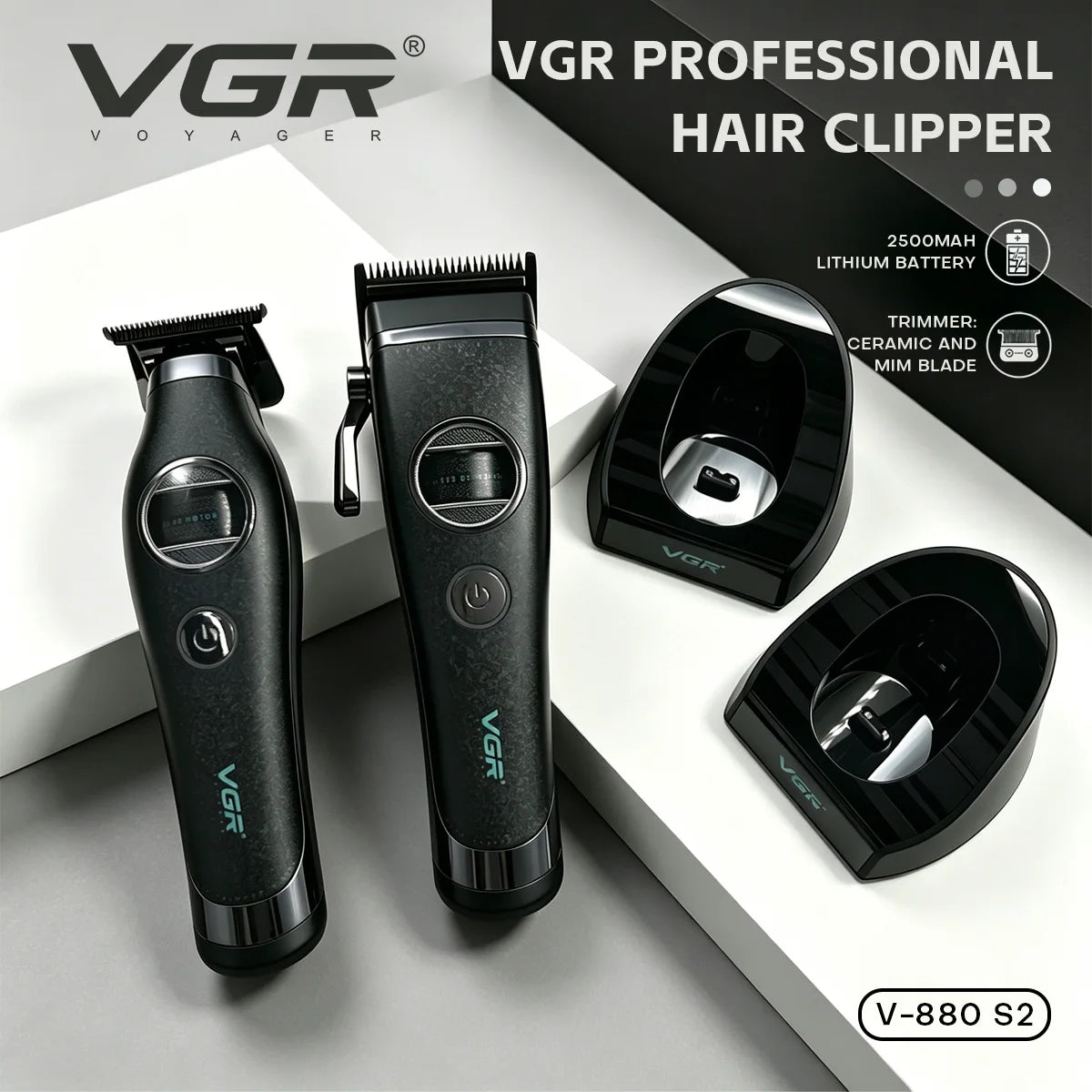 VGR Hair Trimmer Professional Barber Clippers External Rotor Motor Hair Clipper Cordless Charging Base Trimmer for Man V-880 S2