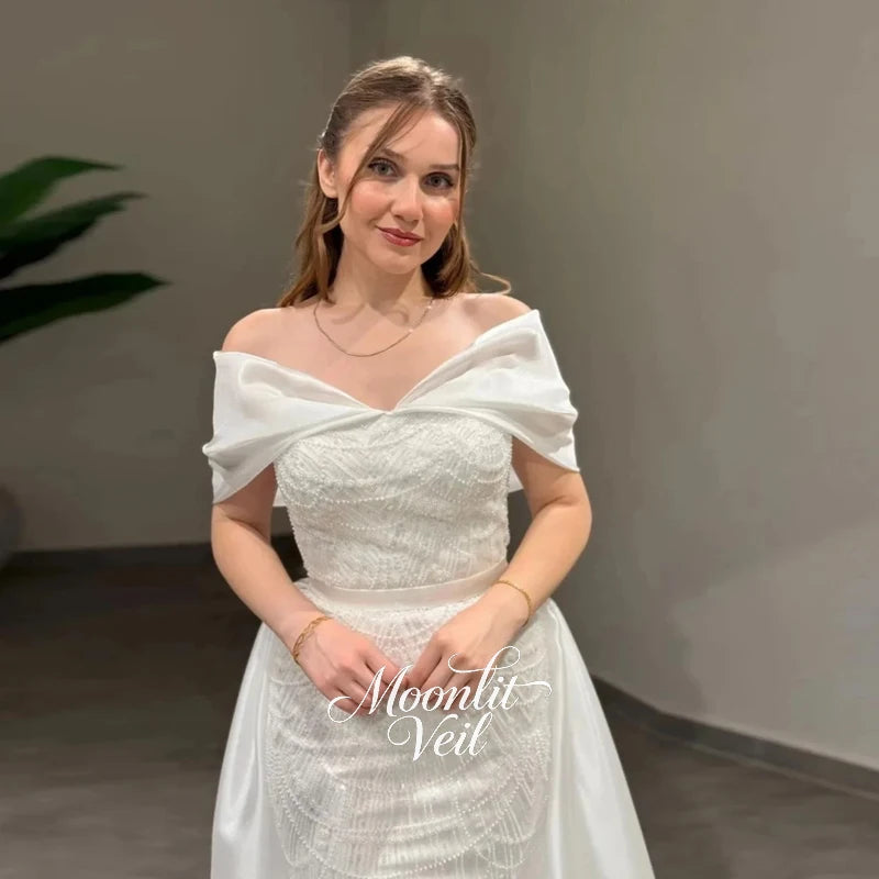 Moonlit Veil Customized Elegant Off Shoulder Evening Dress Beaded Floor Length Detachable robes de soirée Gala Prom Dress