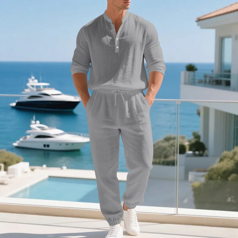American loose linen set for men autumn Hawaiian home commuter thin Henry shirt long sleeve pants set