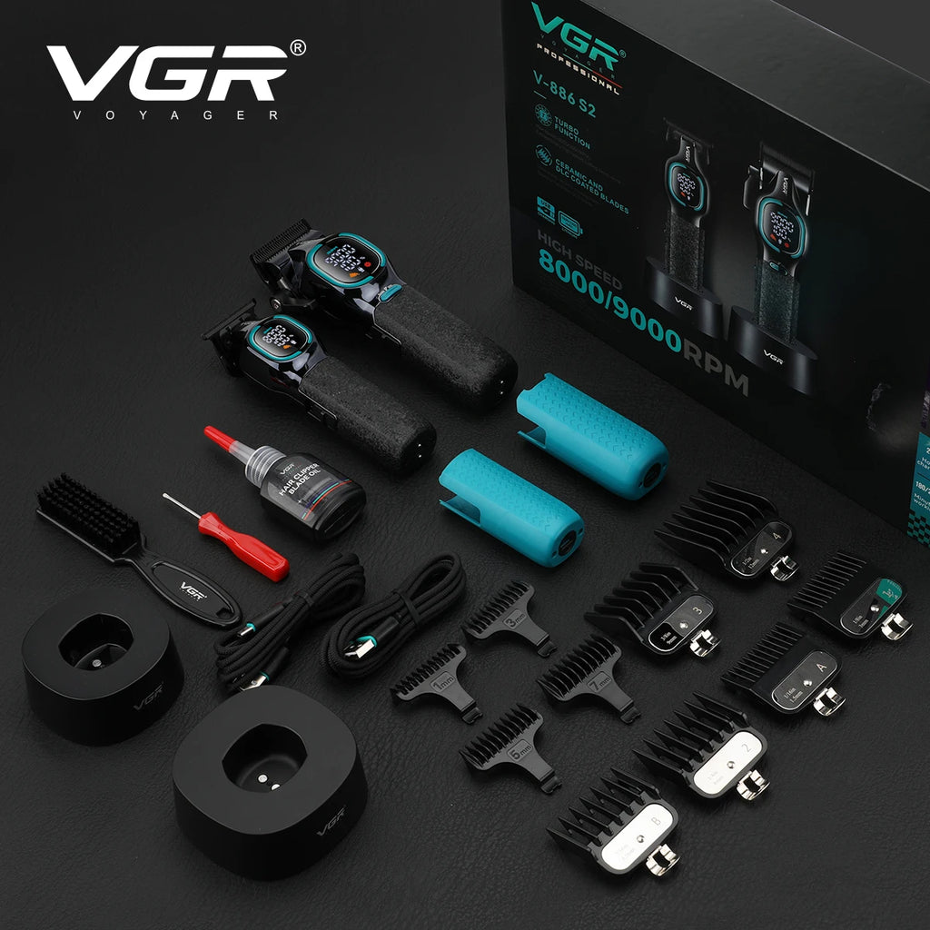 VGR high-end hair trimmer two-piece set metal body 9000 RPM hair clipper alloy blade head oil head carving push shear V-886 S2