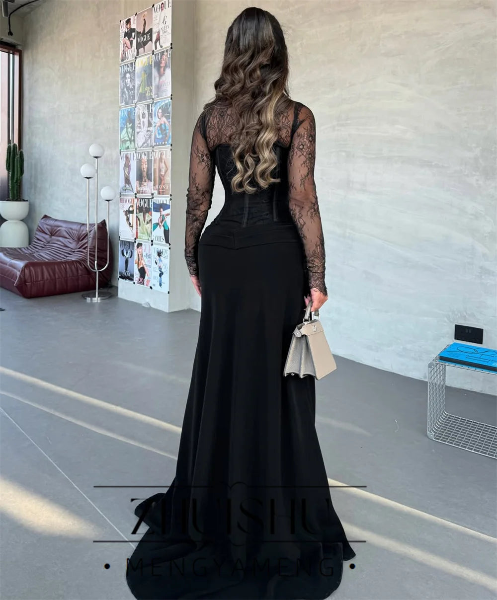ZHUISHU Vintage Black Lace Mermaid Evening Dress 2026 Long Sleeves High Collar Pleat Prom Dress Formal Party Gowns Customized