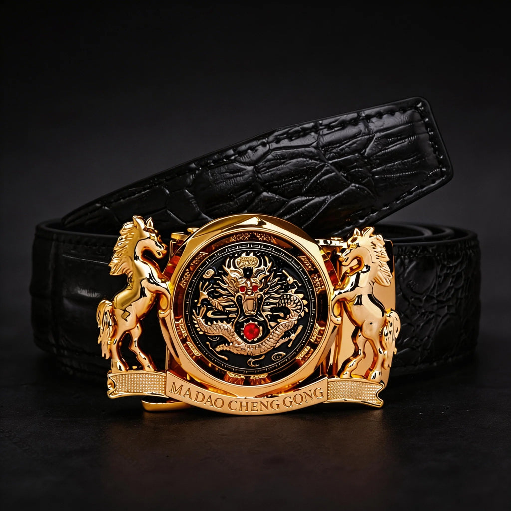 Luxury Dragon & Horse Automatic Buckle Belt - Gold Plated Crocodile Leather Waistband for Men