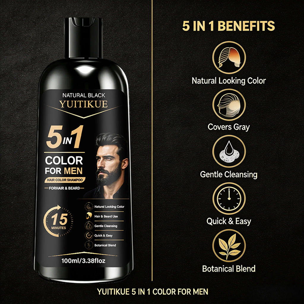 YUITIKUE 5 in 1 Mens Hair Color Shampoo Natural Black Ginseng Botanical Beard Gray Dye 100ml