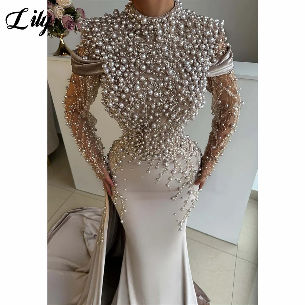 Lily Light Beige Satin فساتين السهرة High - Neckline Party Dresses Pearl - Embellished and Mesh - Sleeve Mermaid Cus