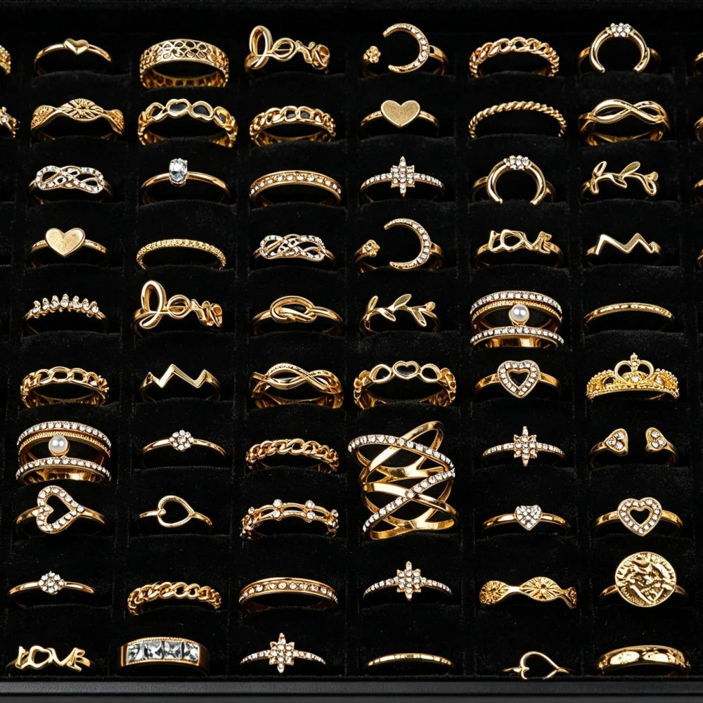 20/30/50Pcs/Lot Elegant Bohemia Heart Moon Rings Set For Women Mix Style Fashion Jewelry For Birthday Daily Wear Wholesale