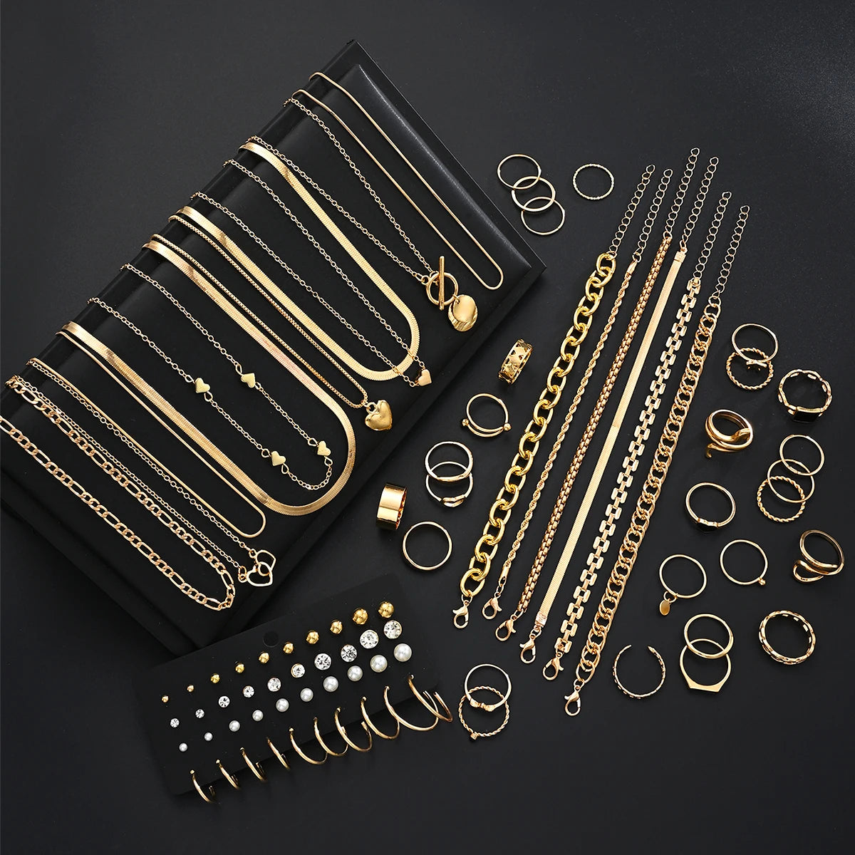 83pcs Retro Light Luxury Gold Color Jewelry Set for Women Rings Multi-Layered Necklaces Bangles Gifts (Jewelry Box Not Included)