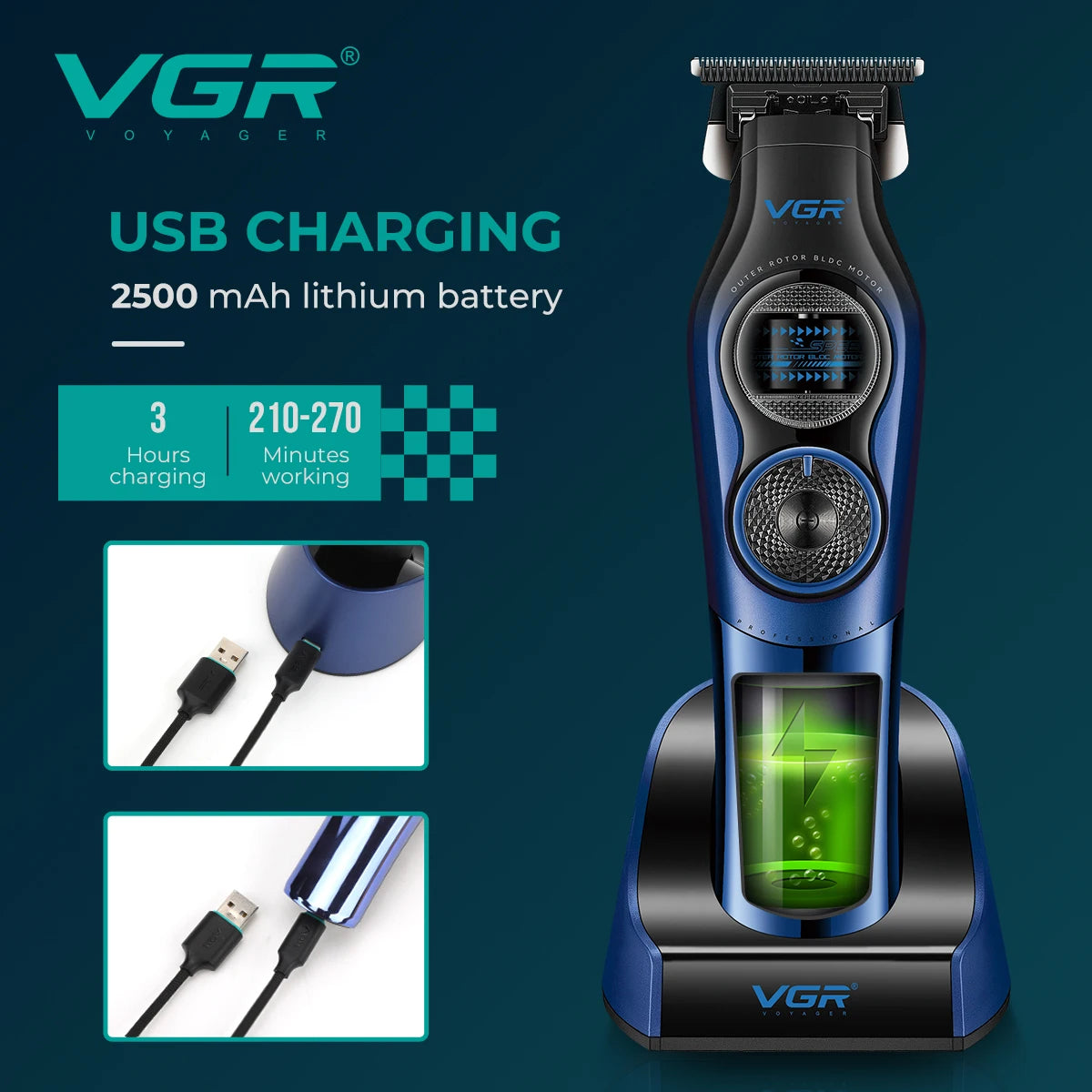VGR Professional Hair Trimmer Rechargeable External Rotor Motor Hair Clipper DLC Blade Barber Comb Trimmer for man V-882 V-882S2