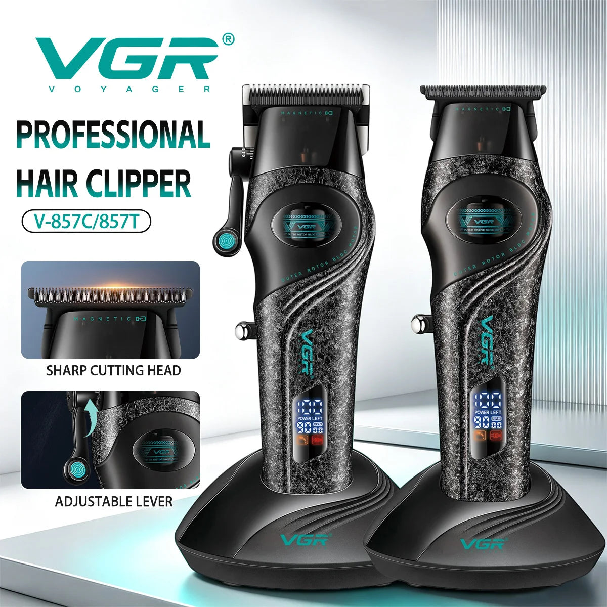 VGR Hair Clippers Adjustable Hair Trimmer Electric Haircut Machine External Rotor 9000 RPM Barber Combo Clipper for Men V-857