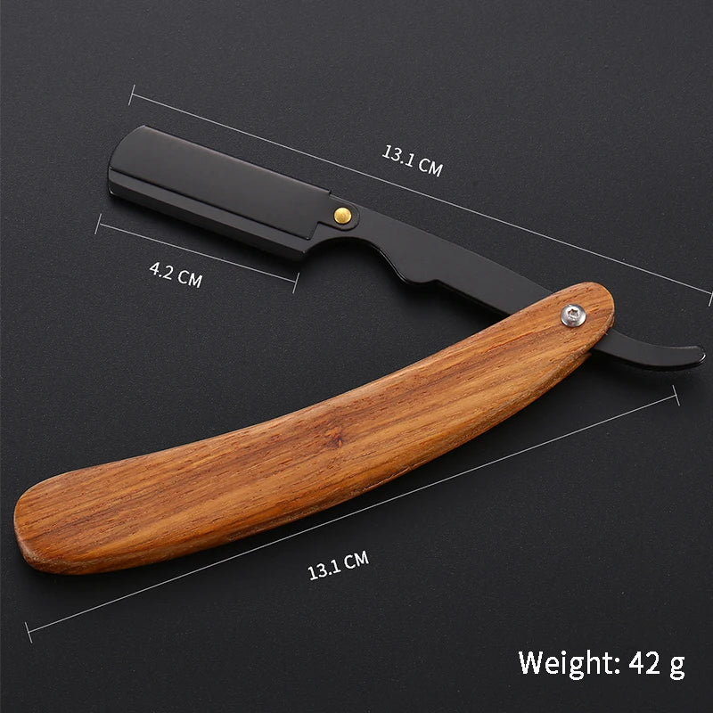 Wooden Trimmer Manual Shaver Professional Straight Edge Stainless Steel Sharp Barber Razor Folding Shaving Knife